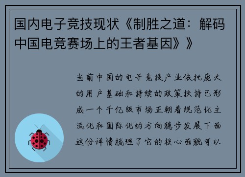 国内电子竞技现状《制胜之道：解码中国电竞赛场上的王者基因》》